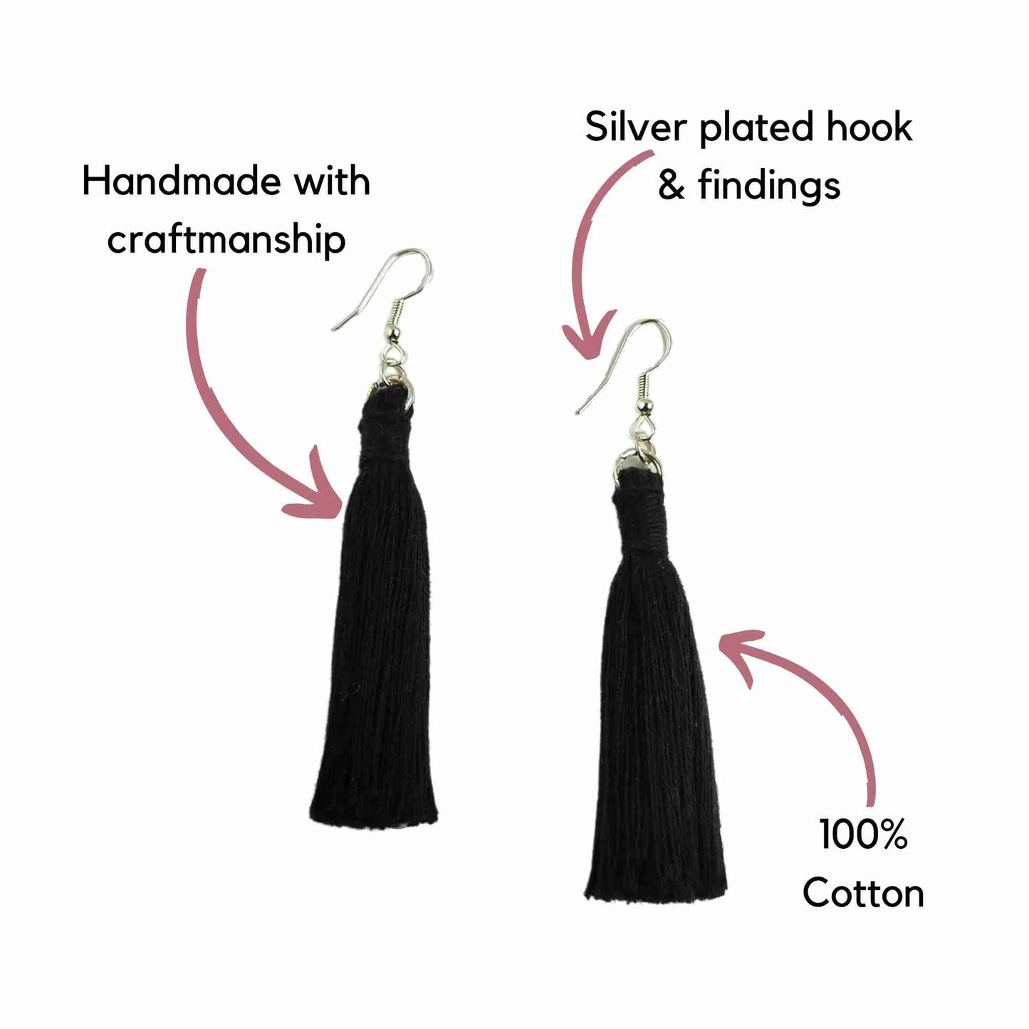 "Lia" Black Silver Plated Macrame Tassel Earrings