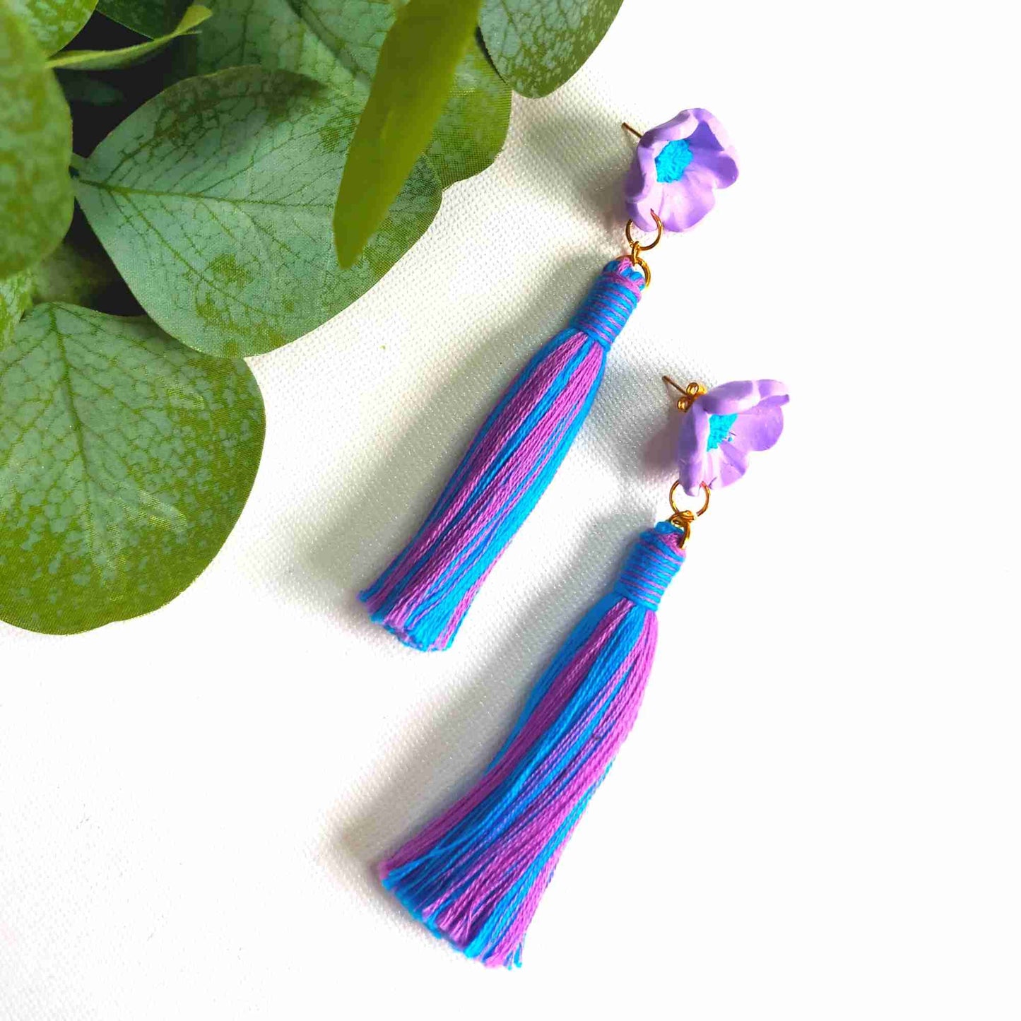 "Blossom" Purple Blue Mix Flower Polymer Clay Tassel