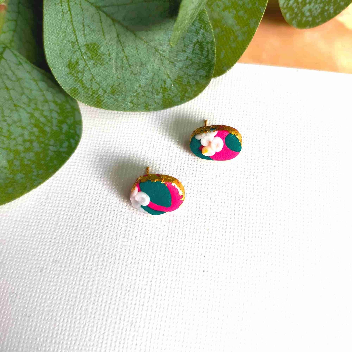 "Della" Pink Flower Slab Polymer Clay Oval Studs