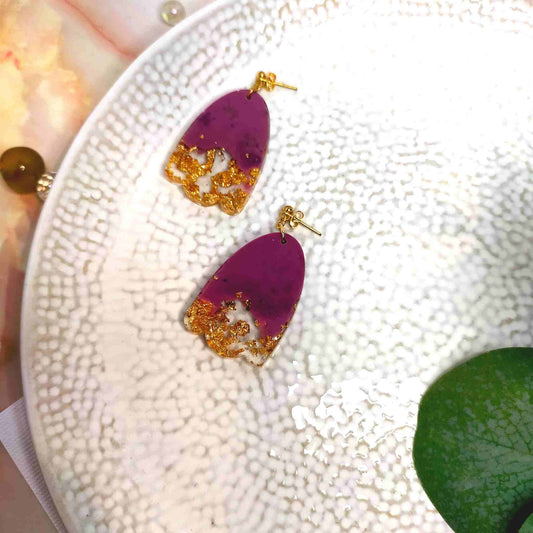 "Esme" Oval Wave Rose & Gold Leaf Resin Dangle Earrings