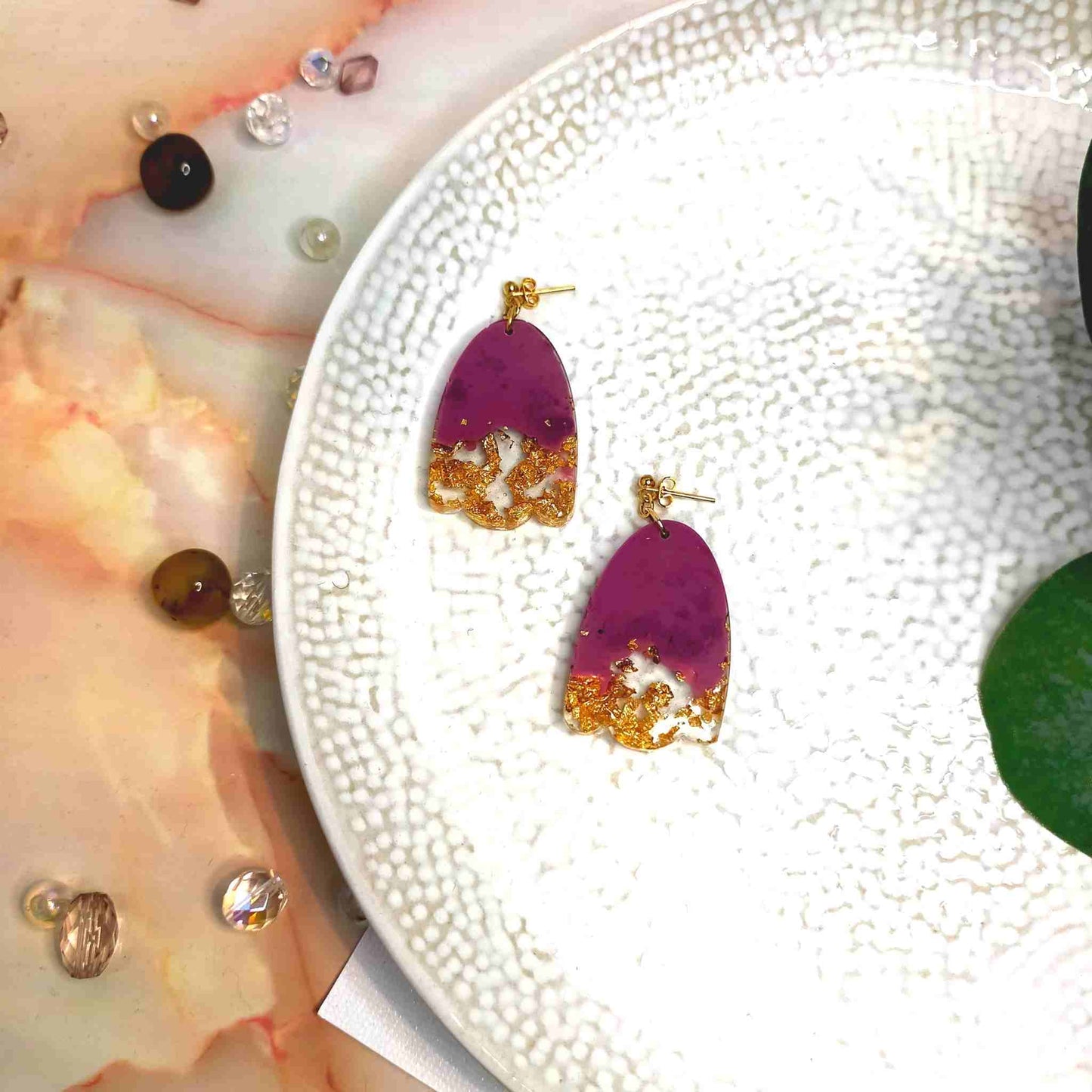 "Esme" Oval Wave Rose & Gold Leaf Resin Dangle Earrings