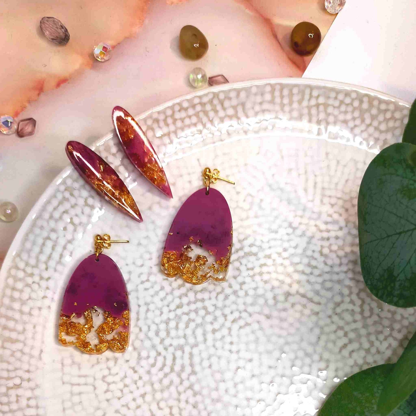 "Esme" Oval Wave Rose & Gold Leaf Resin Dangle Earrings