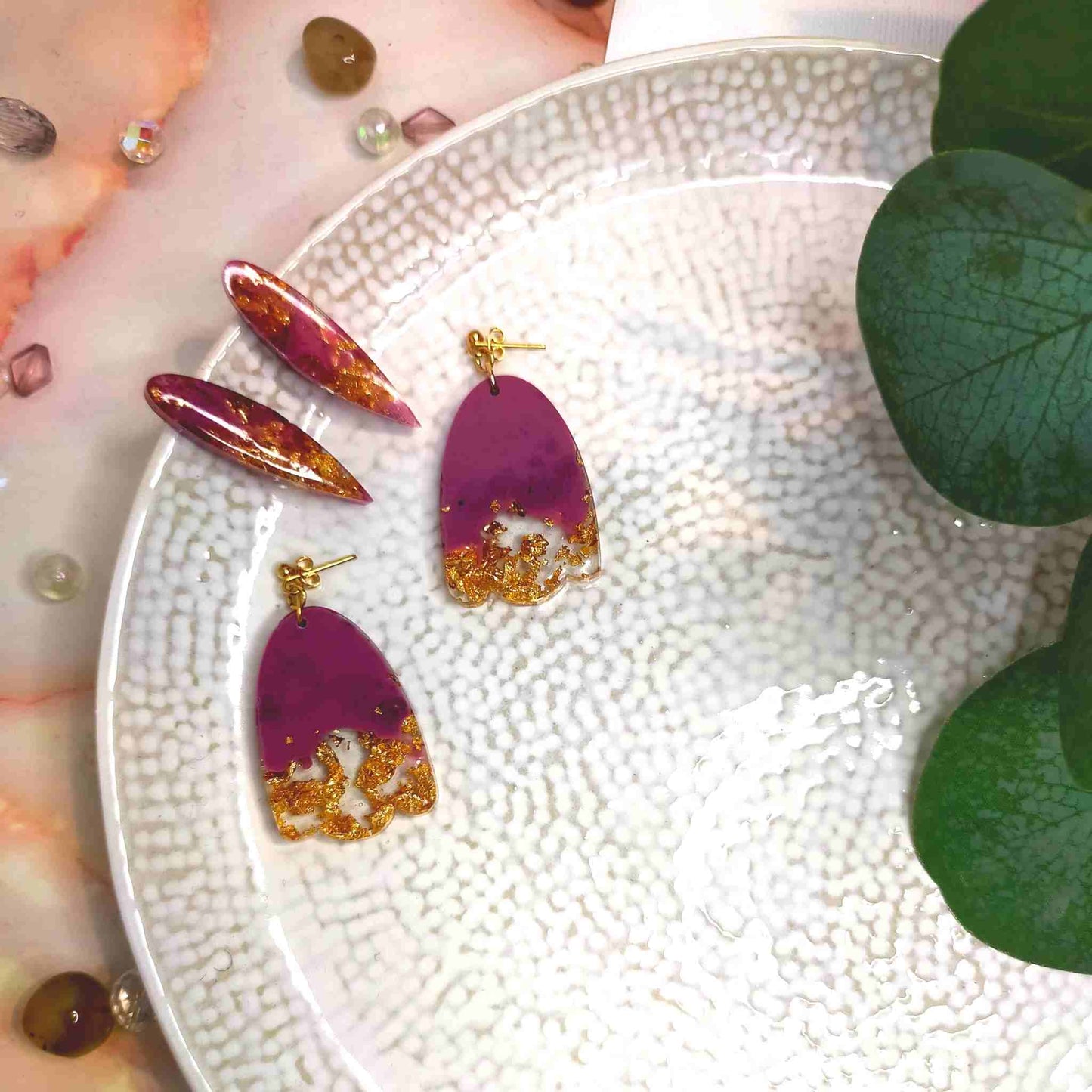 "Esme" Oval Wave Rose & Gold Leaf Resin Dangle Earrings