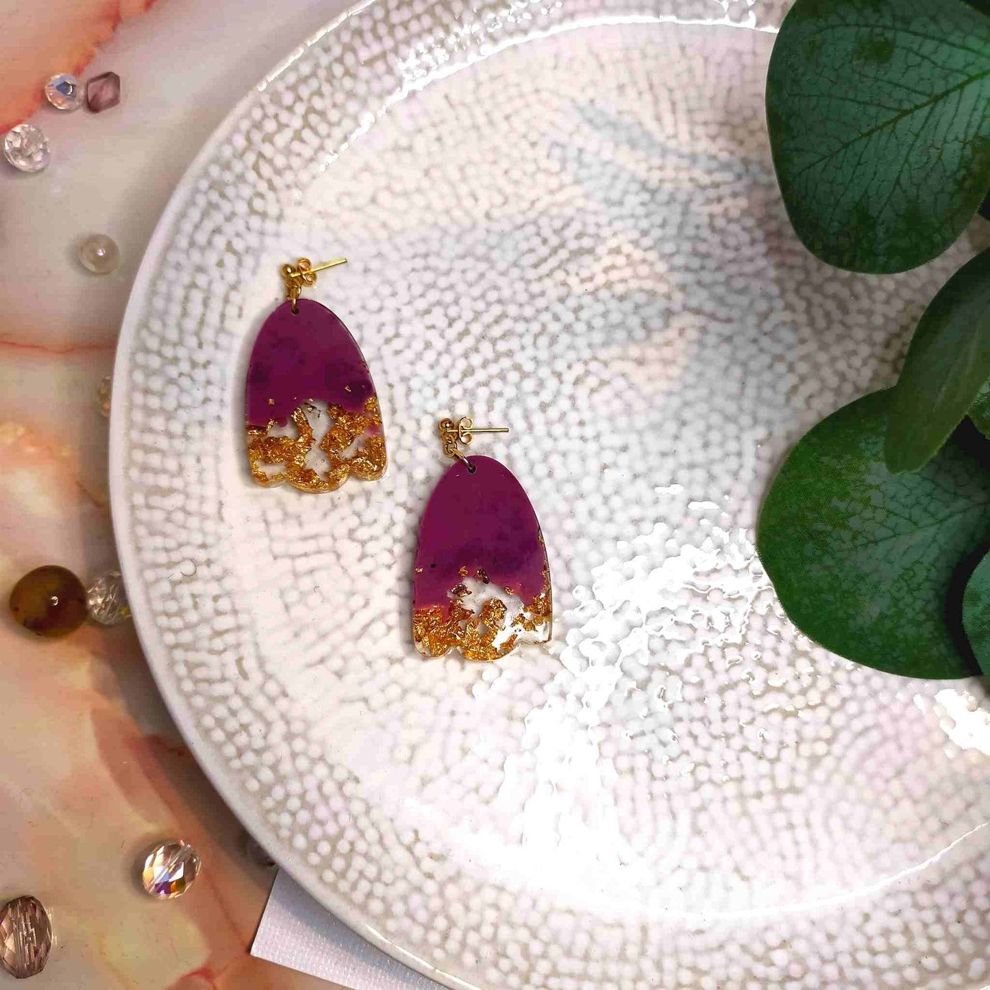 "Esme" Oval Wave Rose & Gold Leaf Resin Dangle Earrings