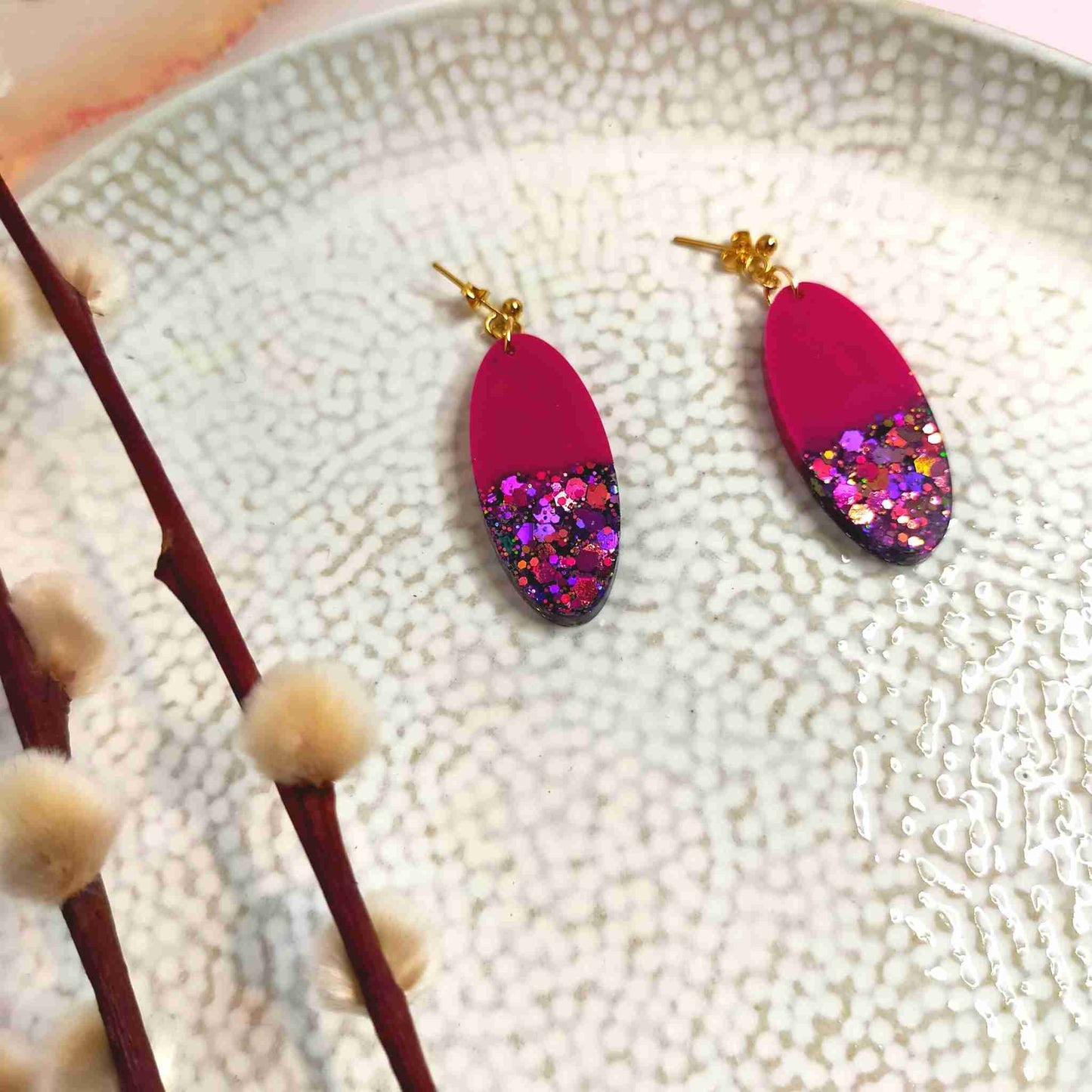 "Mae" Oval Pink Glitter Resin Dangle Earrings
