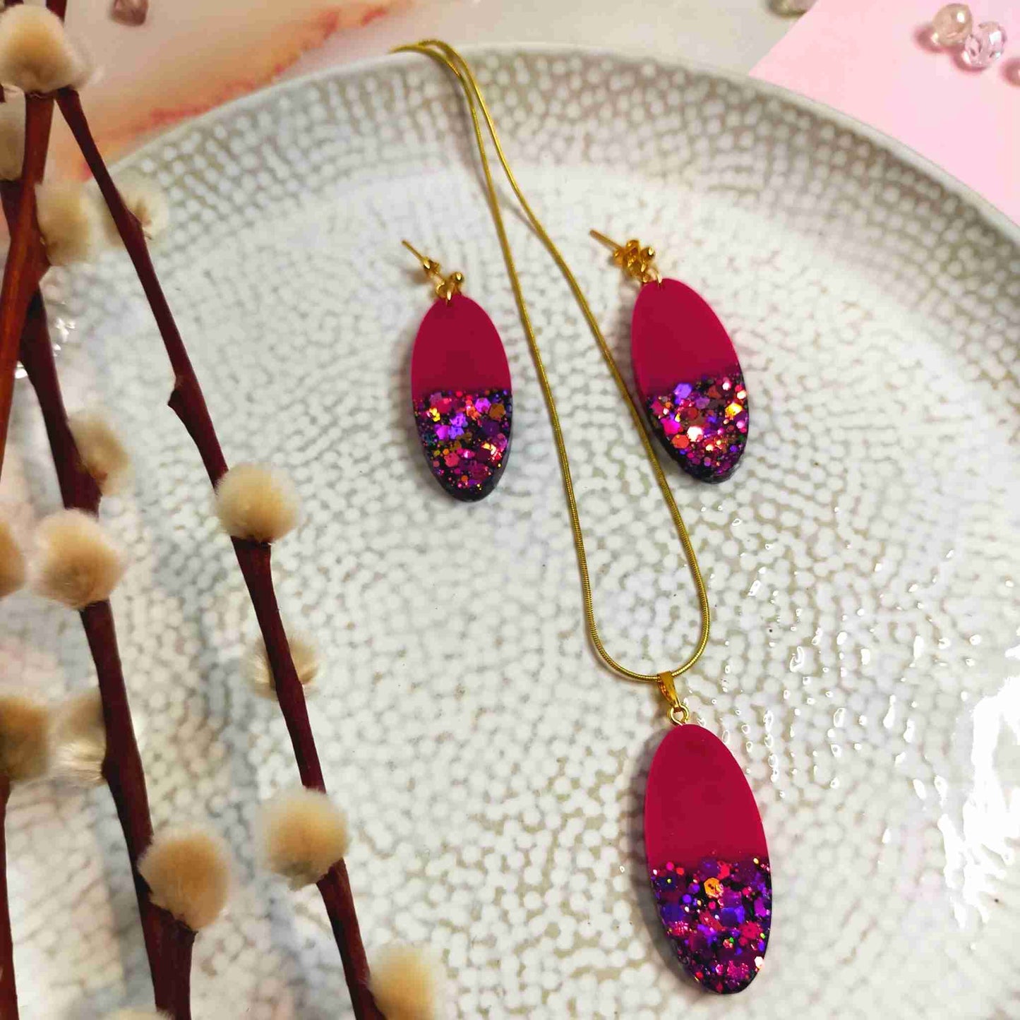 "Mae" Oval Pink Glitter Resin Dangle Earrings