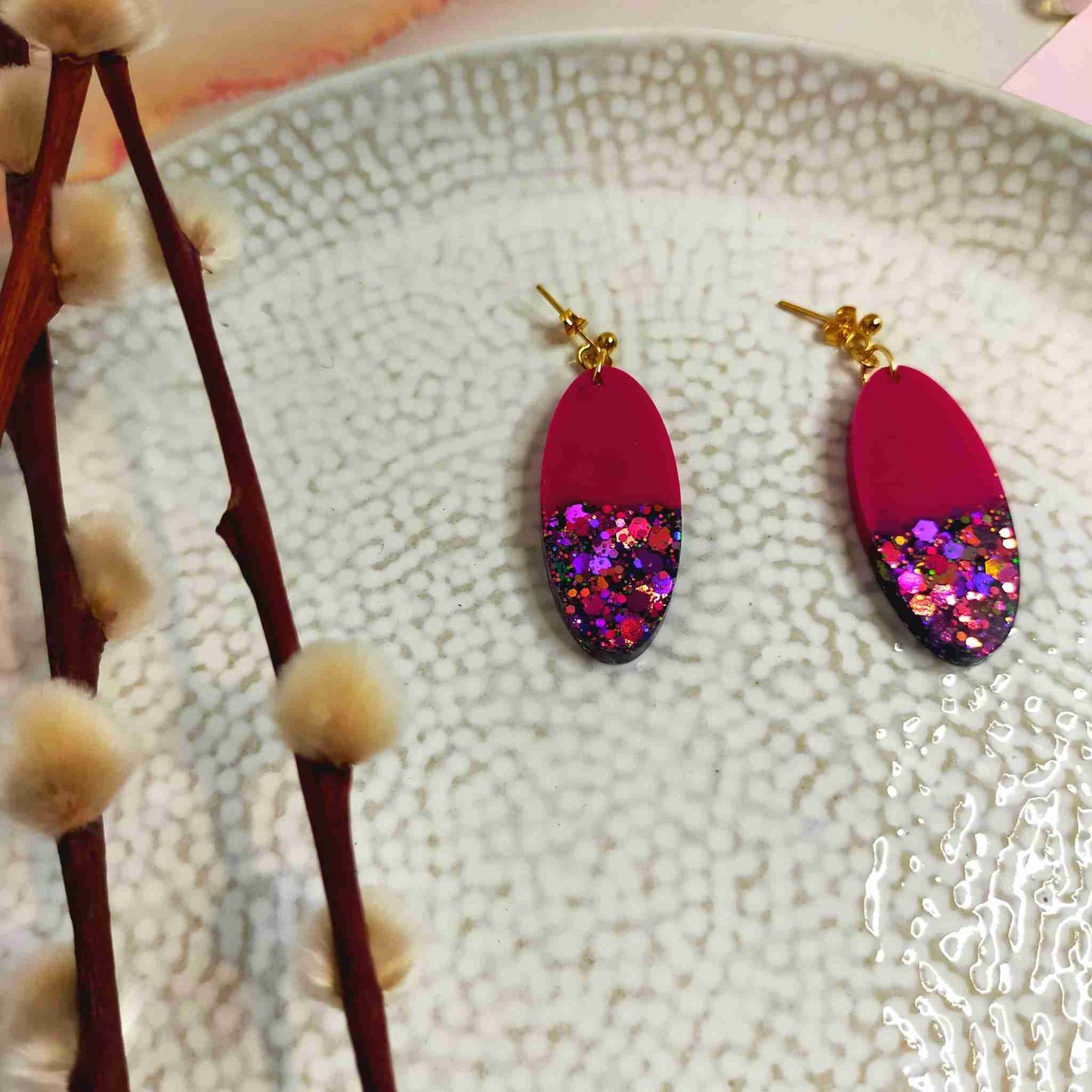 "Mae" Oval Pink Glitter Resin Dangle Earrings