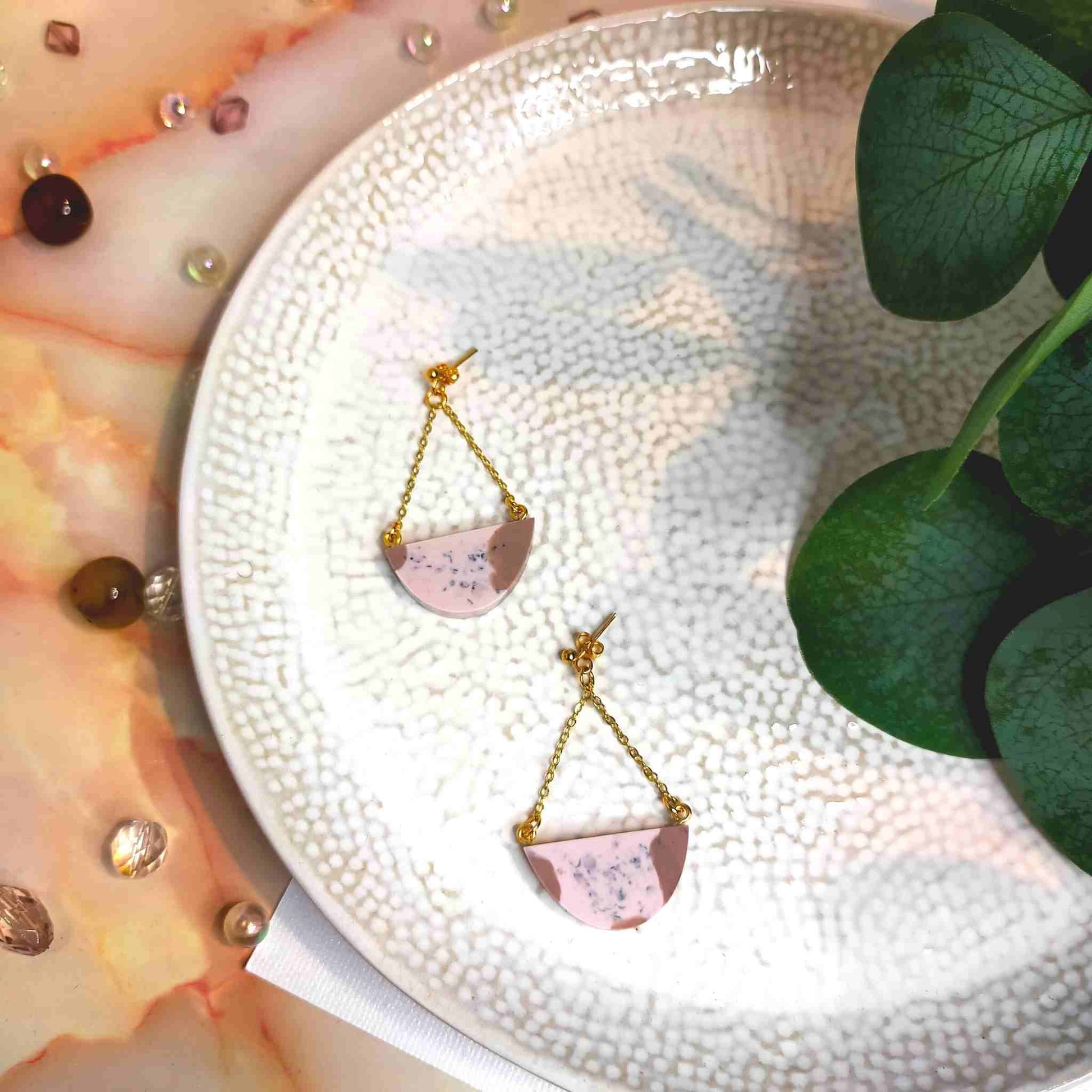 Half Circle Chain Cream & Beige Resin Dangle Earrings