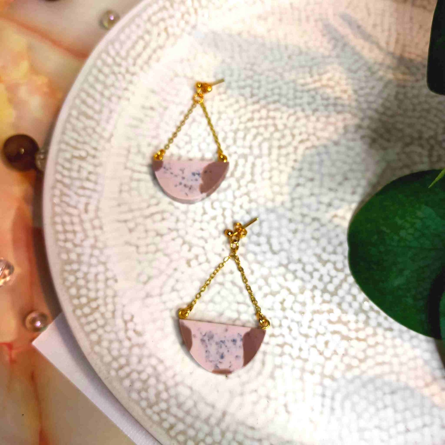 Half Circle Chain Cream & Beige Resin Dangle Earrings