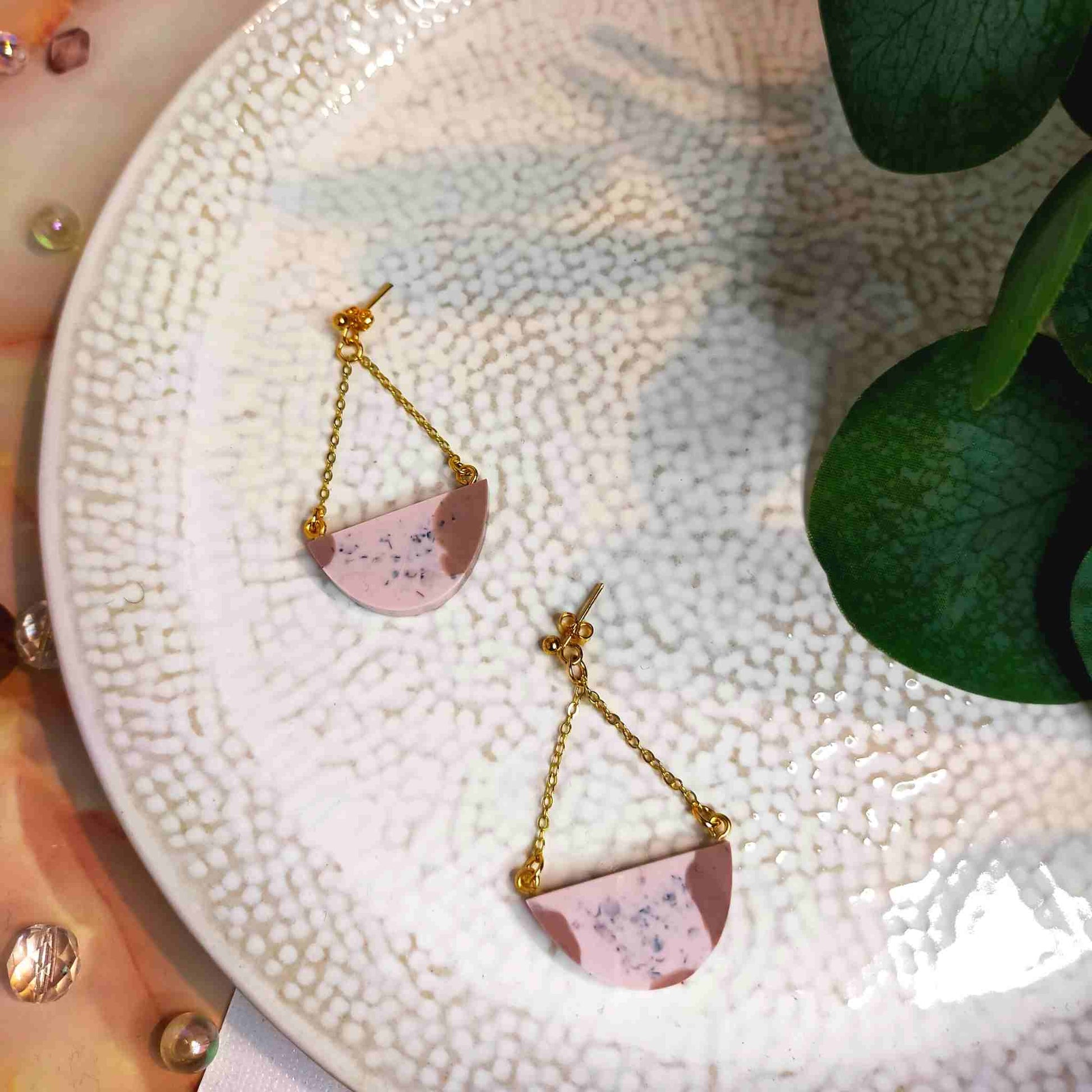 Half Circle Chain Cream & Beige Resin Dangle Earrings