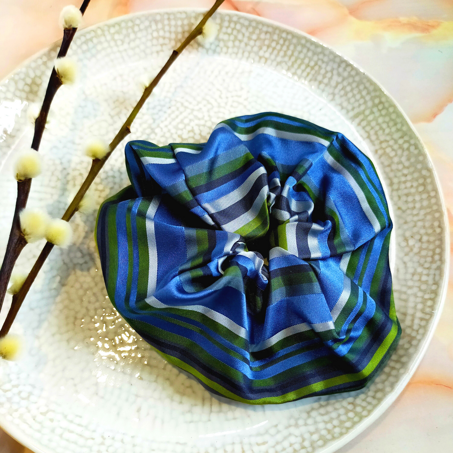 "Sage" Blue & Green Stripe Print Satin Hair Scrunchie