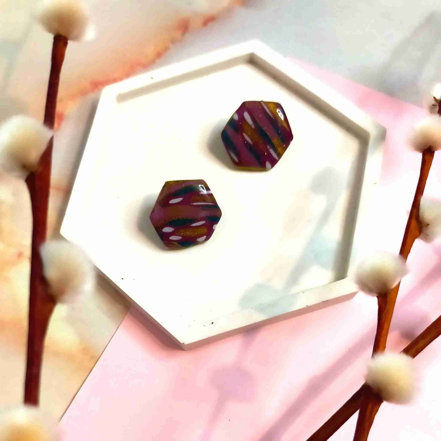 "Tori" Abstract Hex Polymer Clay Stud Earrings