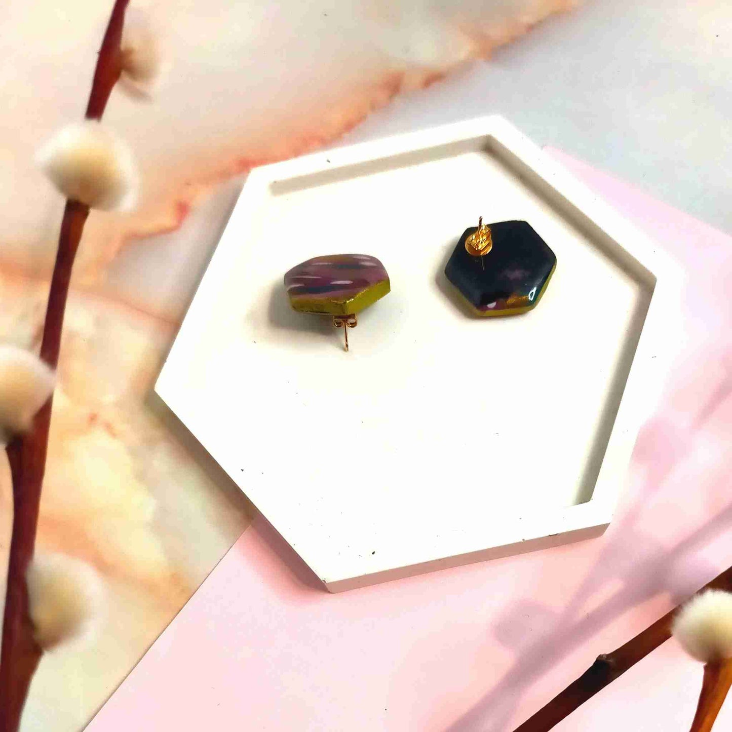 "Tori" Abstract Hex Polymer Clay Stud Earrings
