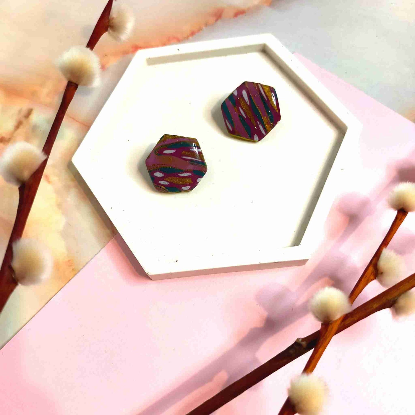 "Tori" Abstract Hex Polymer Clay Stud Earrings