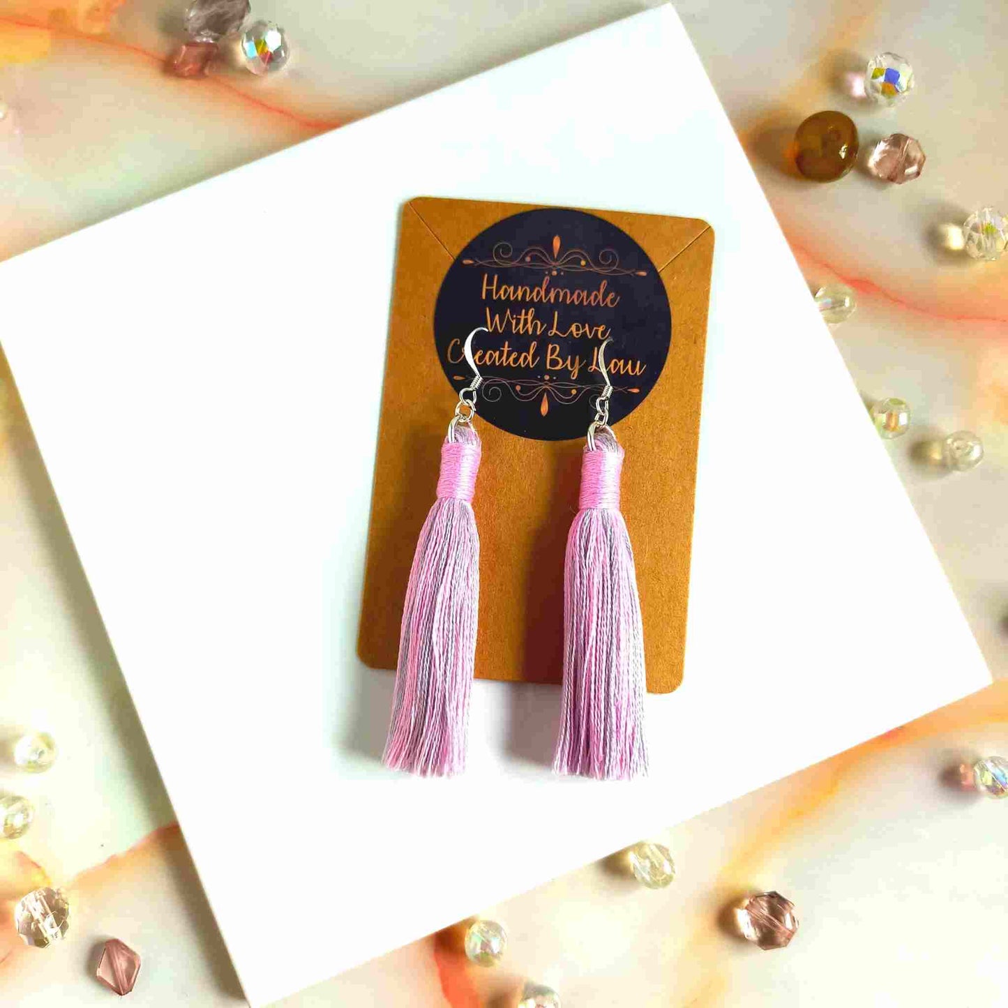"Aurora" Pink & Grey Cotton Macramé Tassel Earrings