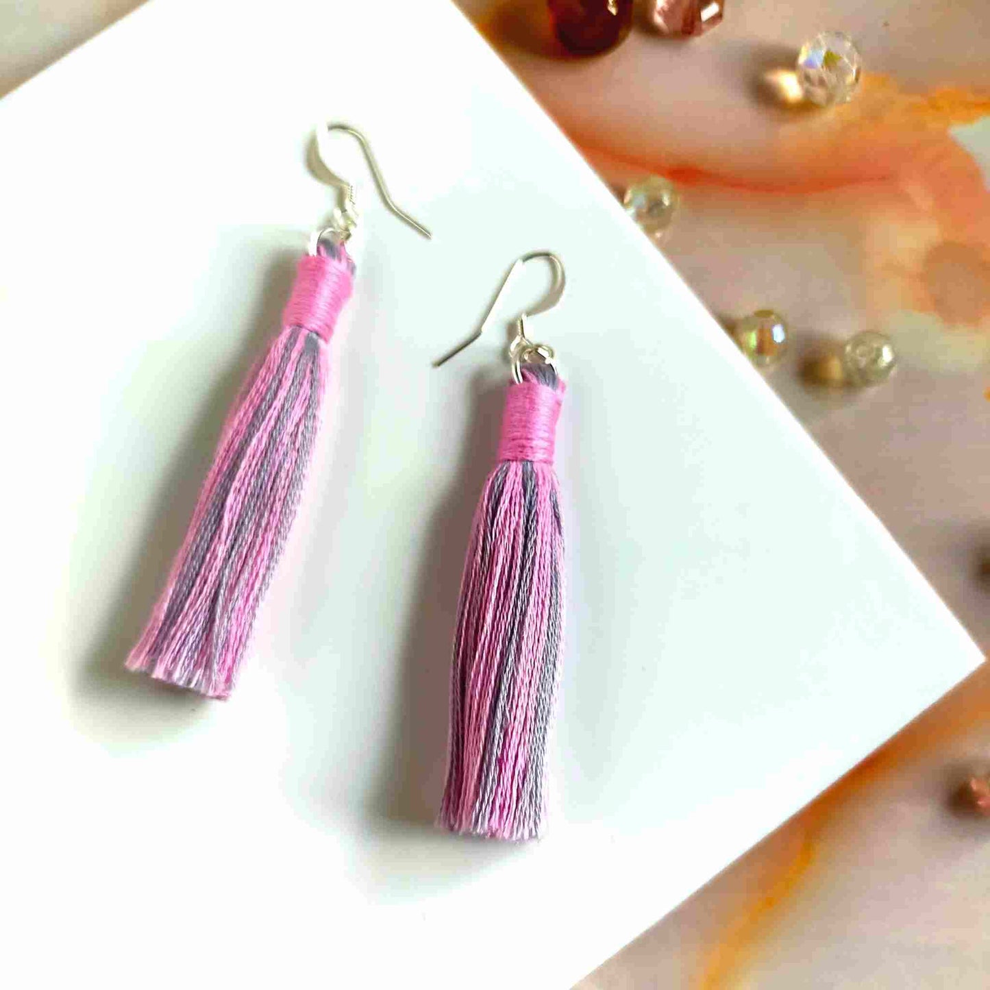 "Aurora" Pink & Grey Cotton Macramé Tassel Earrings