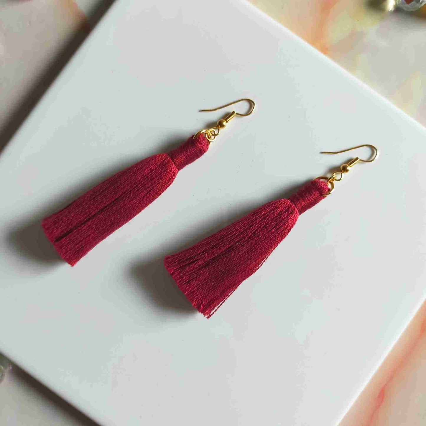 "Lia" Burgundy Gold Plated Cotton Macramé Tassel Earrings