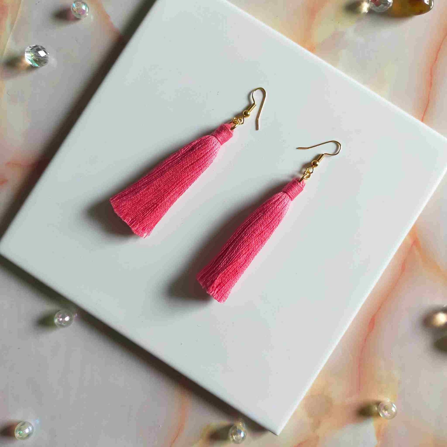 "Lia" Coral Gold Plated Cotton Macramé Tassel Earrings