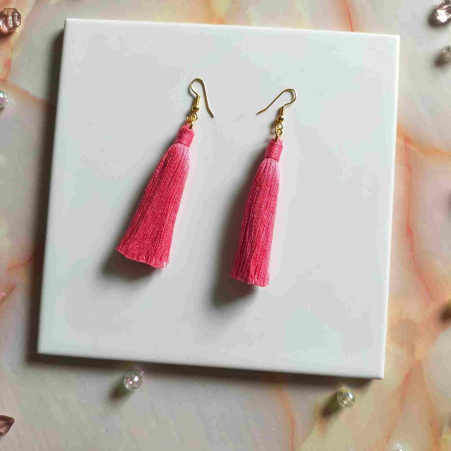 "Lia" Coral Gold Plated Cotton Macramé Tassel Earrings