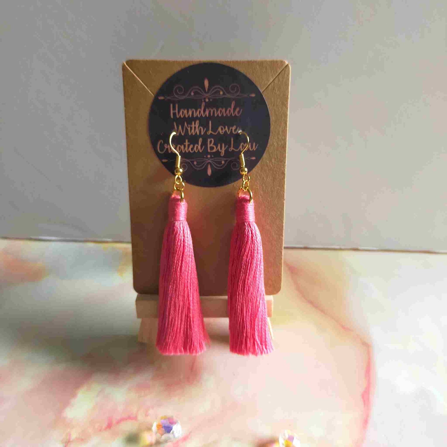 "Lia" Coral Gold Plated Cotton Macramé Tassel Earrings