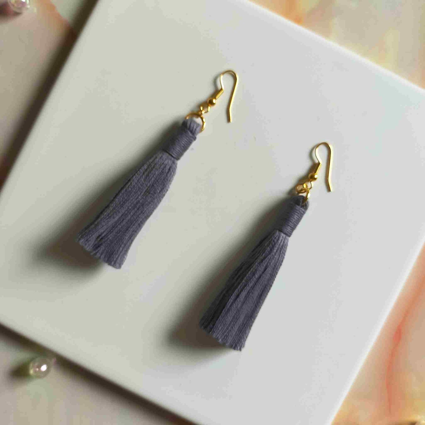 "Lia" Grey Gold Plated Cotton Macramé Tassel Earrings