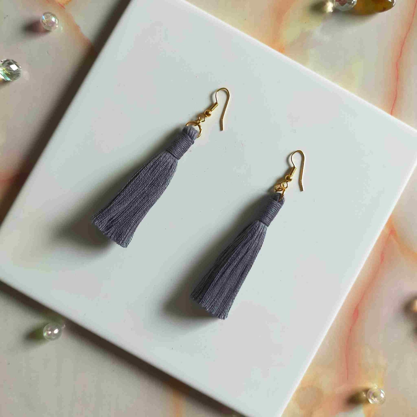 "Lia" Grey Gold Plated Cotton Macramé Tassel Earrings