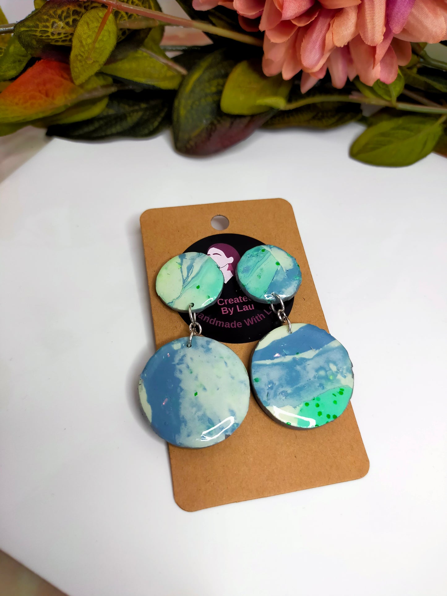 "Kathleen Small" Green Blue Marble Small Circle Stud Drop Earrings