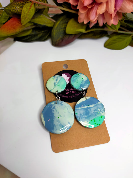 "Kathleen Small" Green Blue Marble Small Circle Stud Drop Earrings