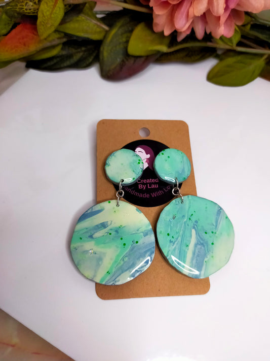 "Kathleen Big" Green Blue Marble Large Circle Stud Drop Earrings