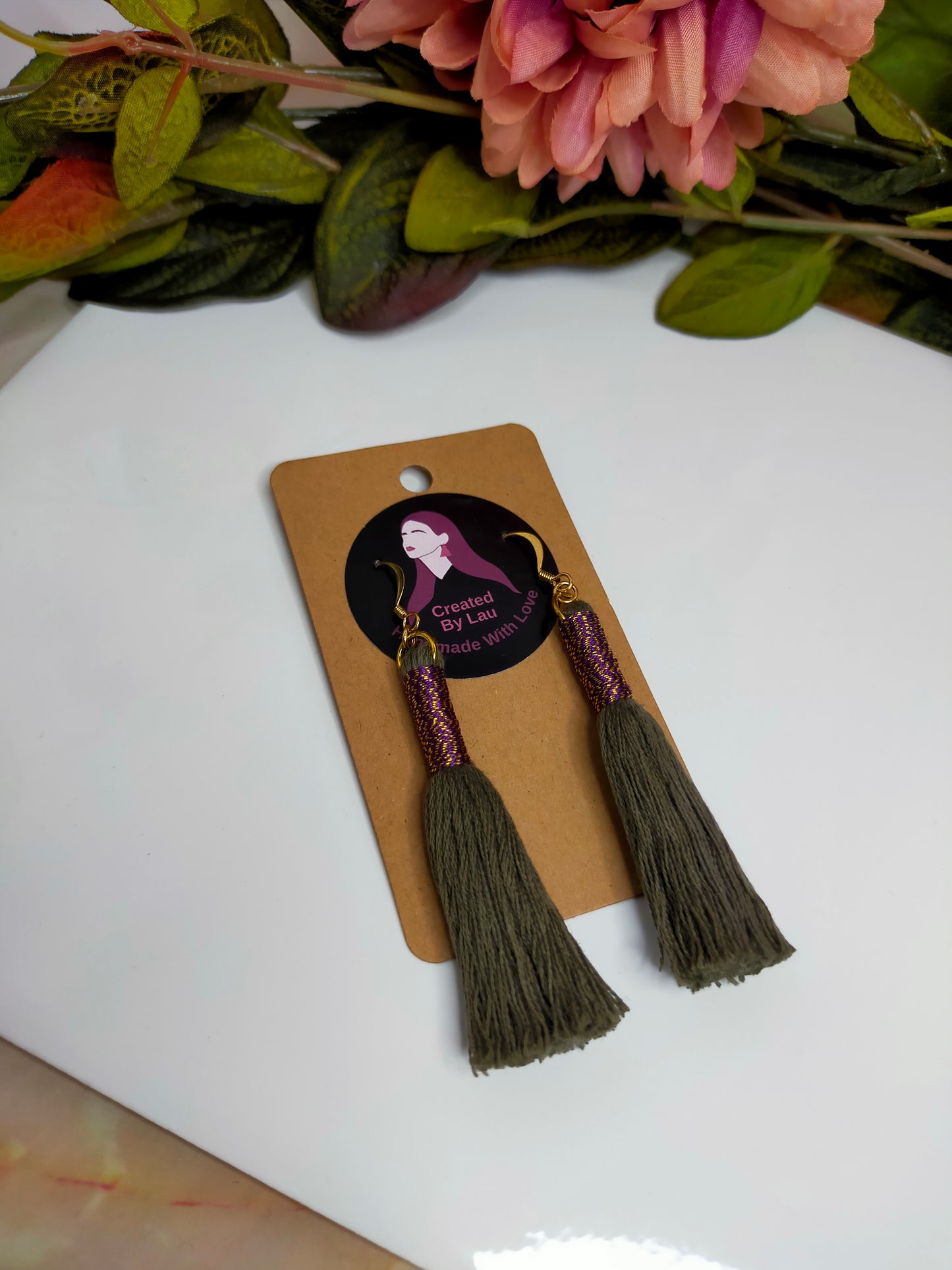"Kaylee" Khaki Tassel Earrings with Metallic Wrap