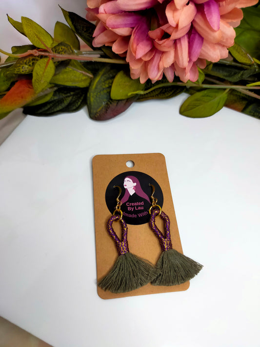 "Finley Mini" Khaki Loop Tassel Earrings with Metallic Wrap