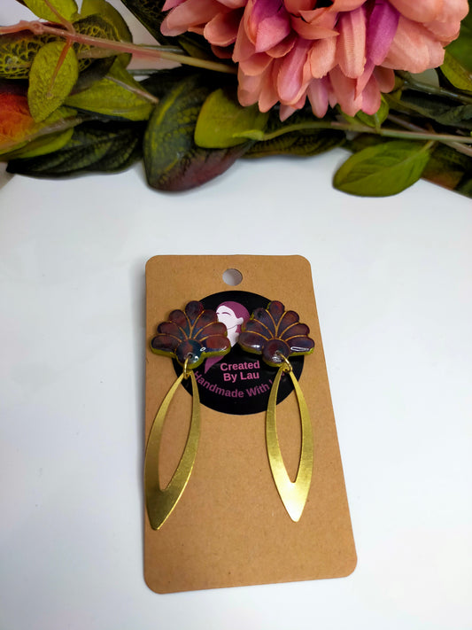 "Mabel"  Dark Multi Art Deco Flower with brass charm dangle earrings