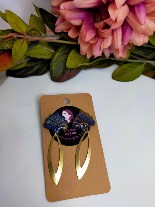 Art Deco Flower with brass charm dangle earrings