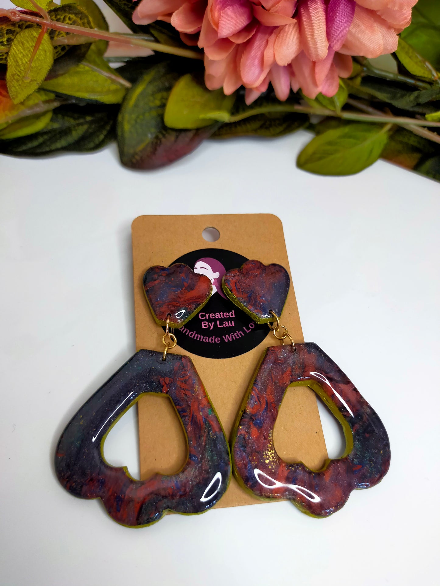 "Avery" Tulip Dark Multi Faux Marble Polymer Clay Stud Dangle Earrings