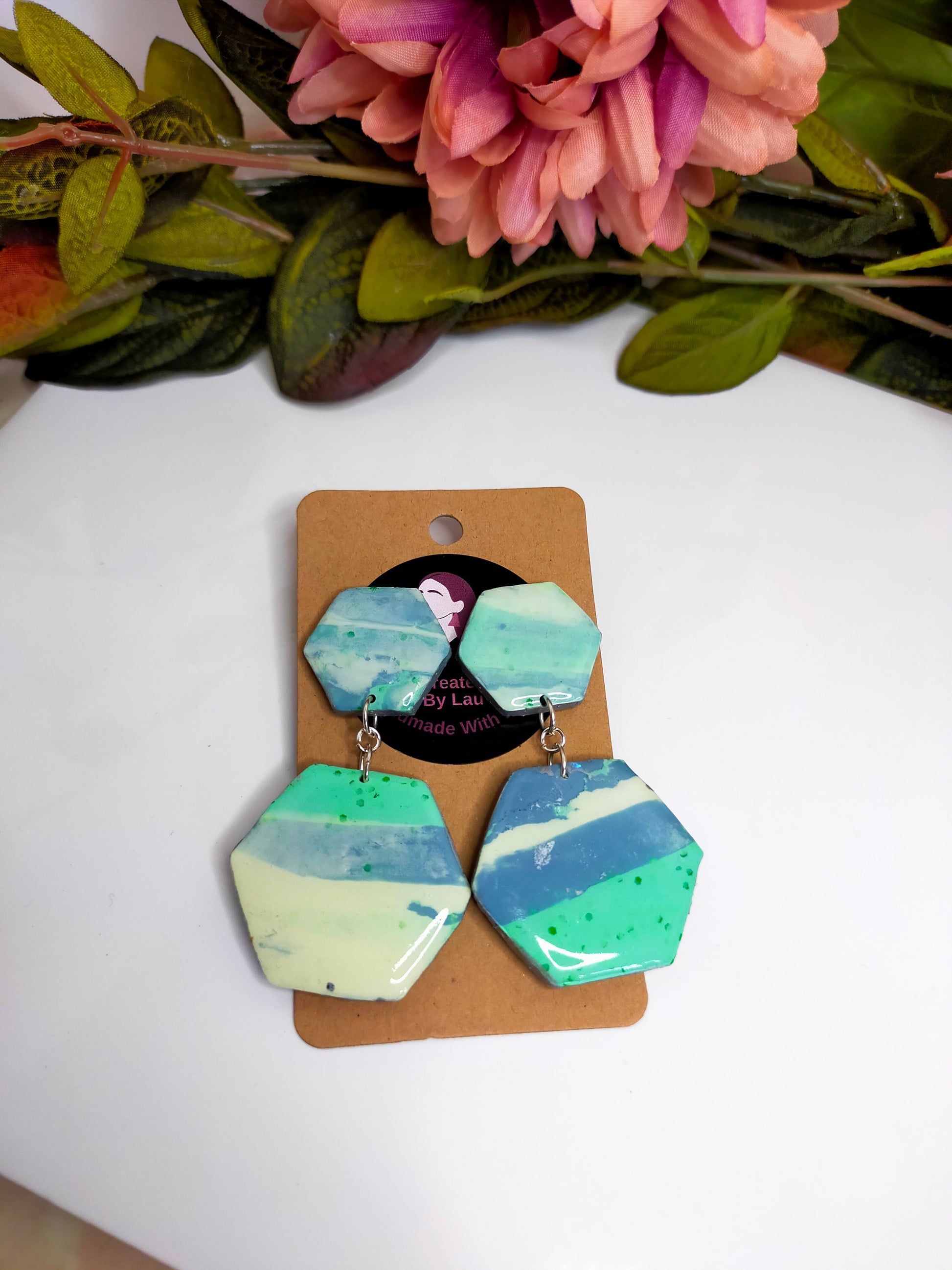 Polymer Clay Hexogen Stud Dangle Earrings Green Blue Marble