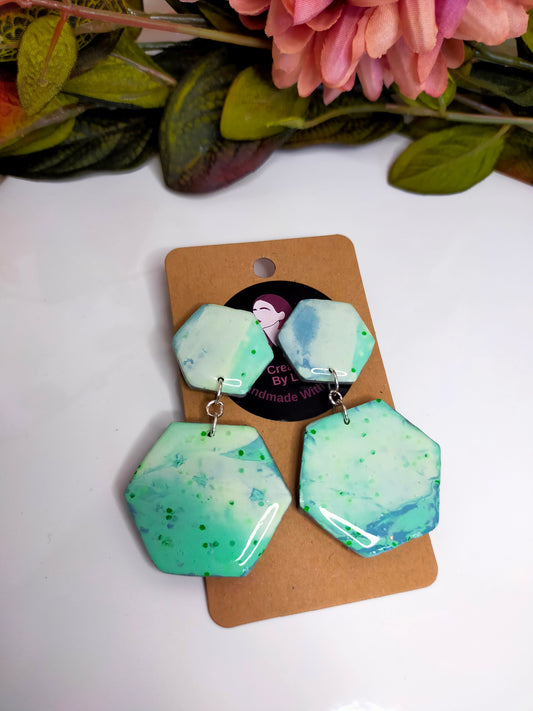 Polymer Clay Hexogen Stud Dangle Earrings Green Blue Marble