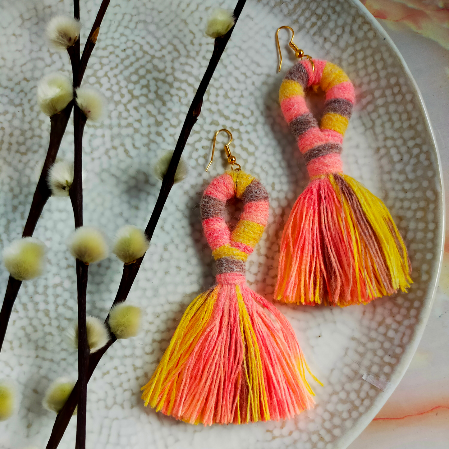 "Liv" Peach, Grey & Yellow Loop Tassel Earrings Gold Plated