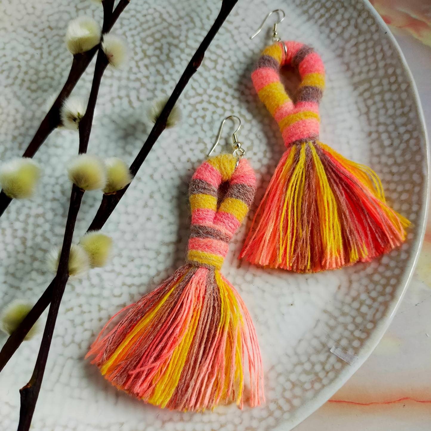 "Liv" Peach, Grey & Yellow Tassel Earrings Silver Plated