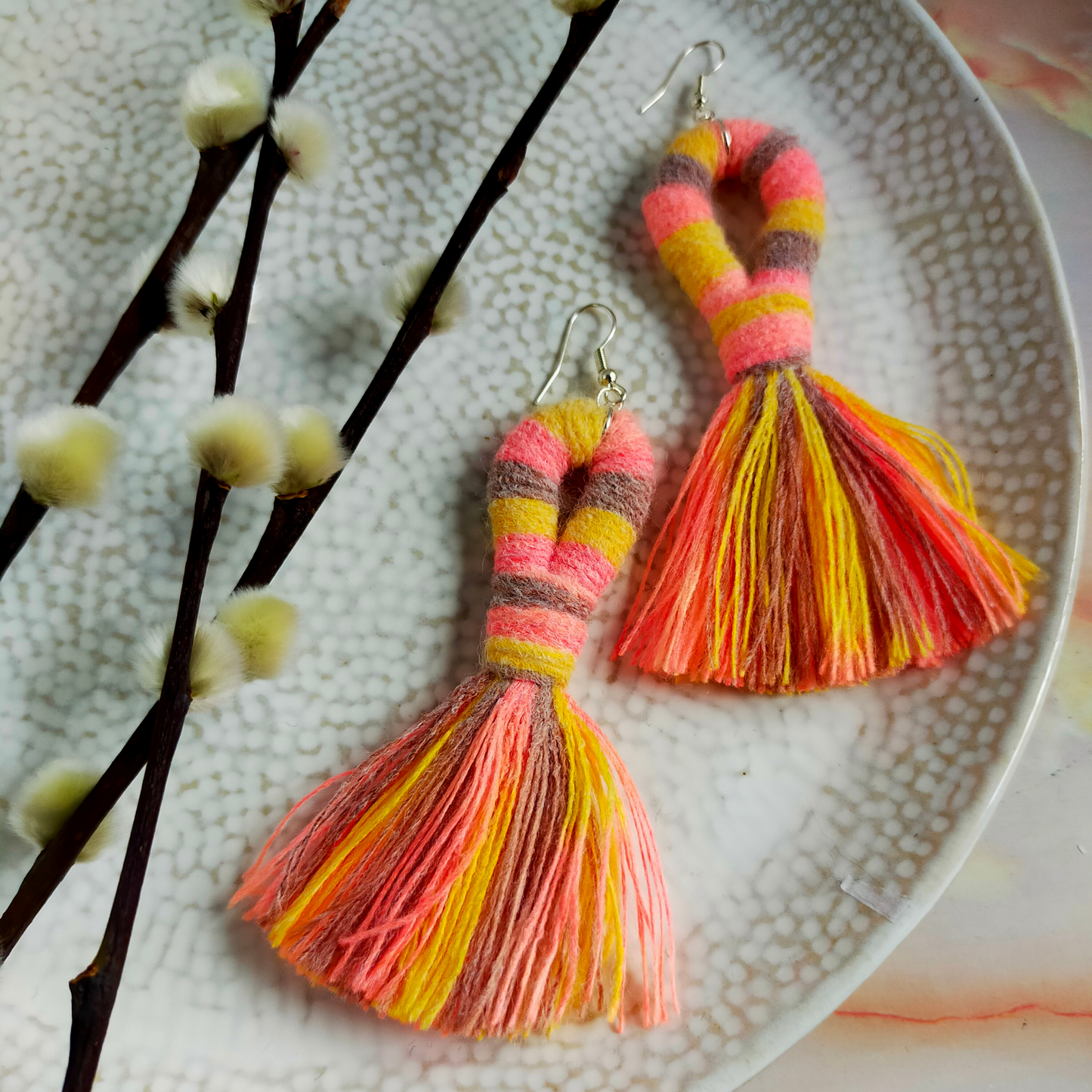"Liv" Peach, Grey & Yellow Tassel Earrings Silver Plated