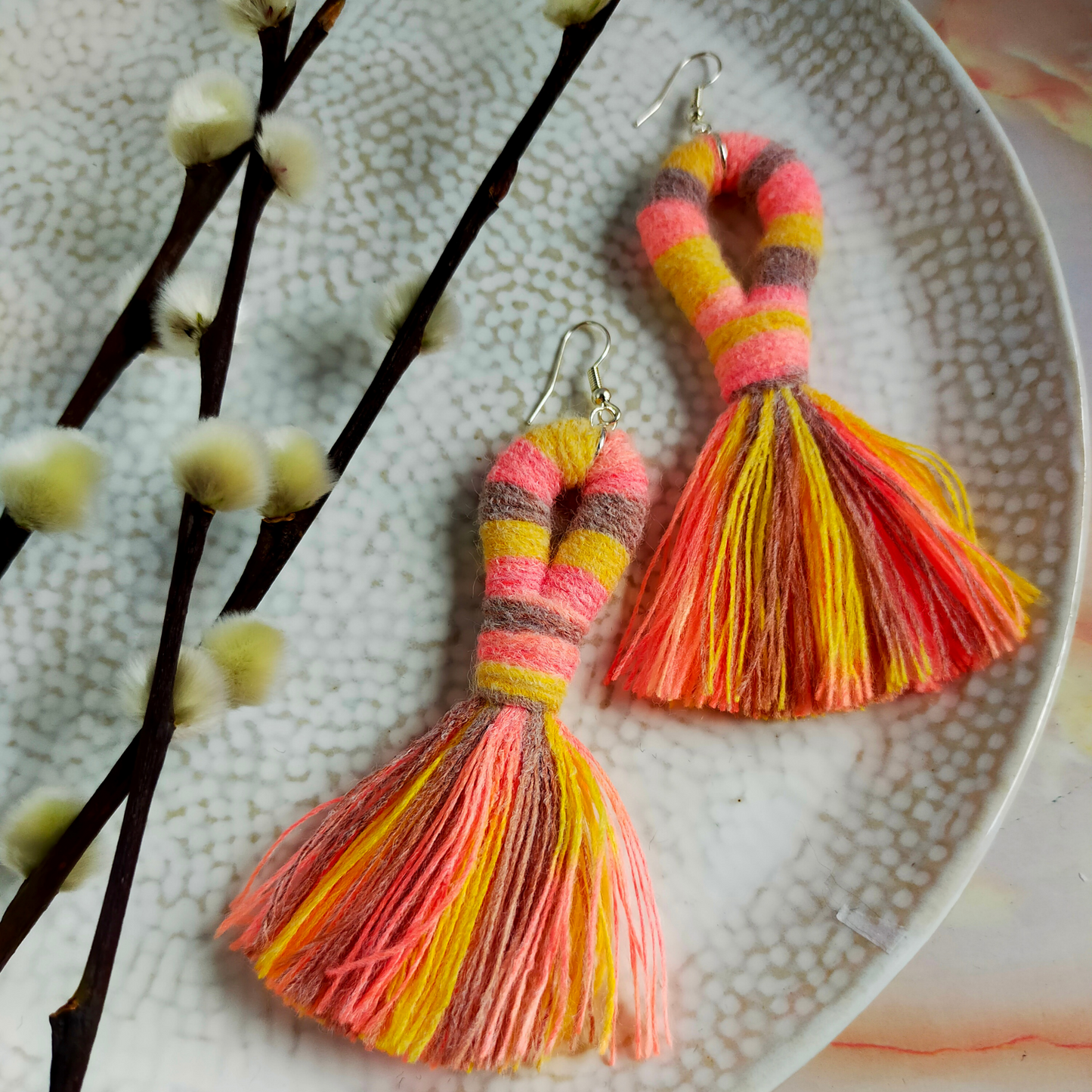 "Liv" Peach, Grey & Yellow Tassel Earrings Silver Plated