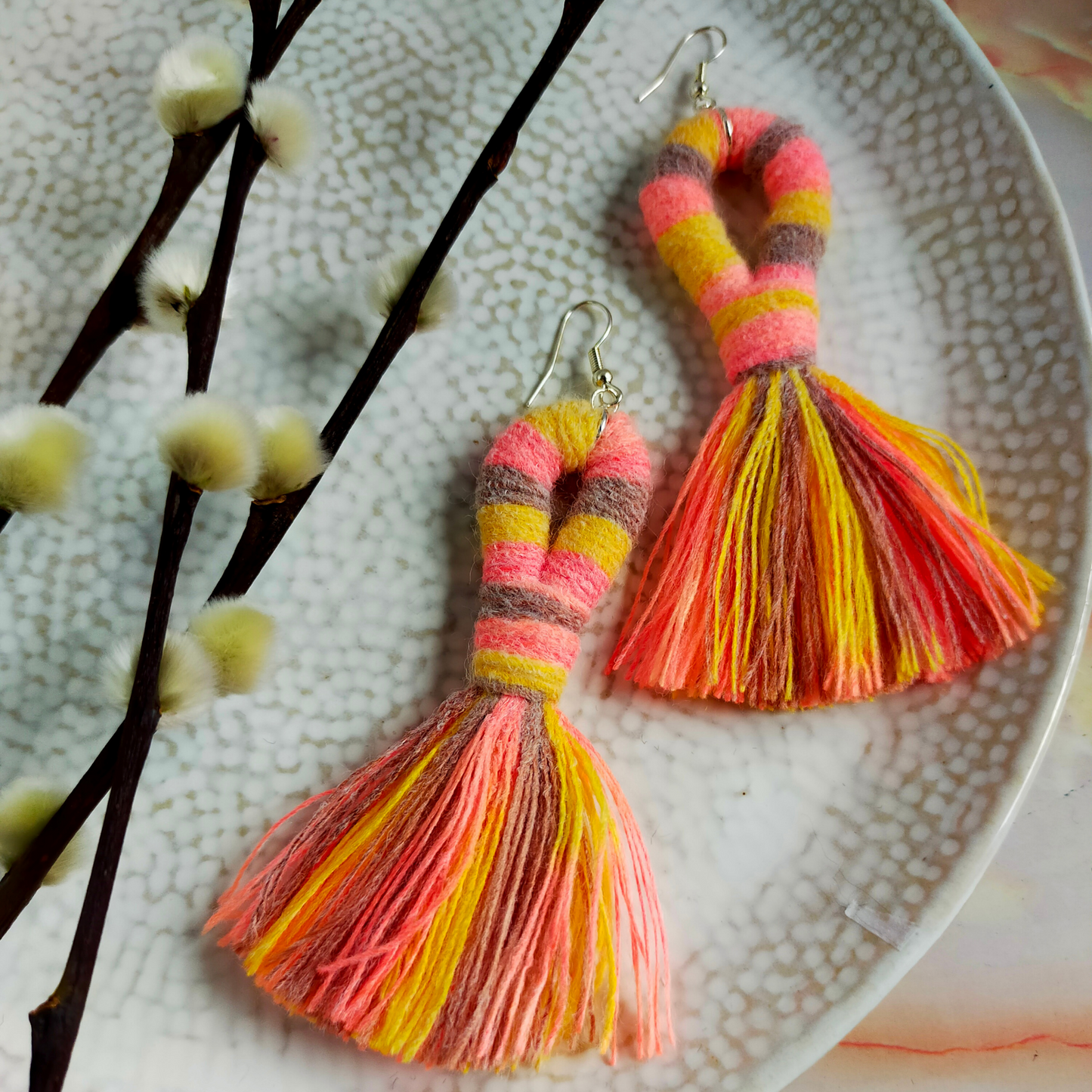 "Liv" Peach, Grey & Yellow Tassel Earrings Silver Plated