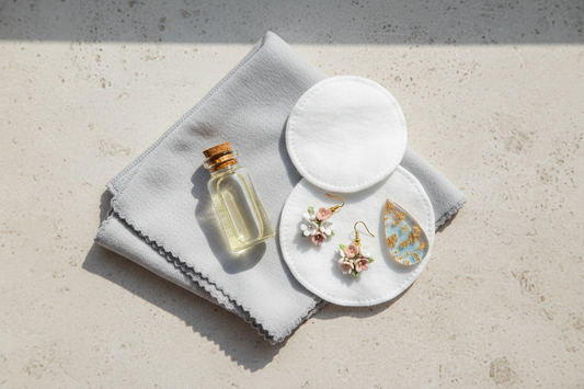 Flat lay of jewellery care essentials including microfibre cloth, mineral oil and handmade polymer clay and resin pieces by Created By Lau, Yorkshire