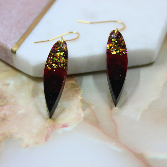 Aurelia Autumn Glitter Red and Black Abstract Resin Earrings by Created By Lau — handmade resin jewellery showing depth and luminosity