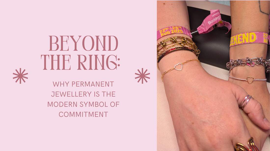 A promotional graphic with a pink background and text reading 'BEYOND THE RING: WHY PERMANENT JEWELLERY IS THE MODERN SYMBOL OF COMMITMENT' alongside a close-up of a person's wrist adorned with multiple bracelets.