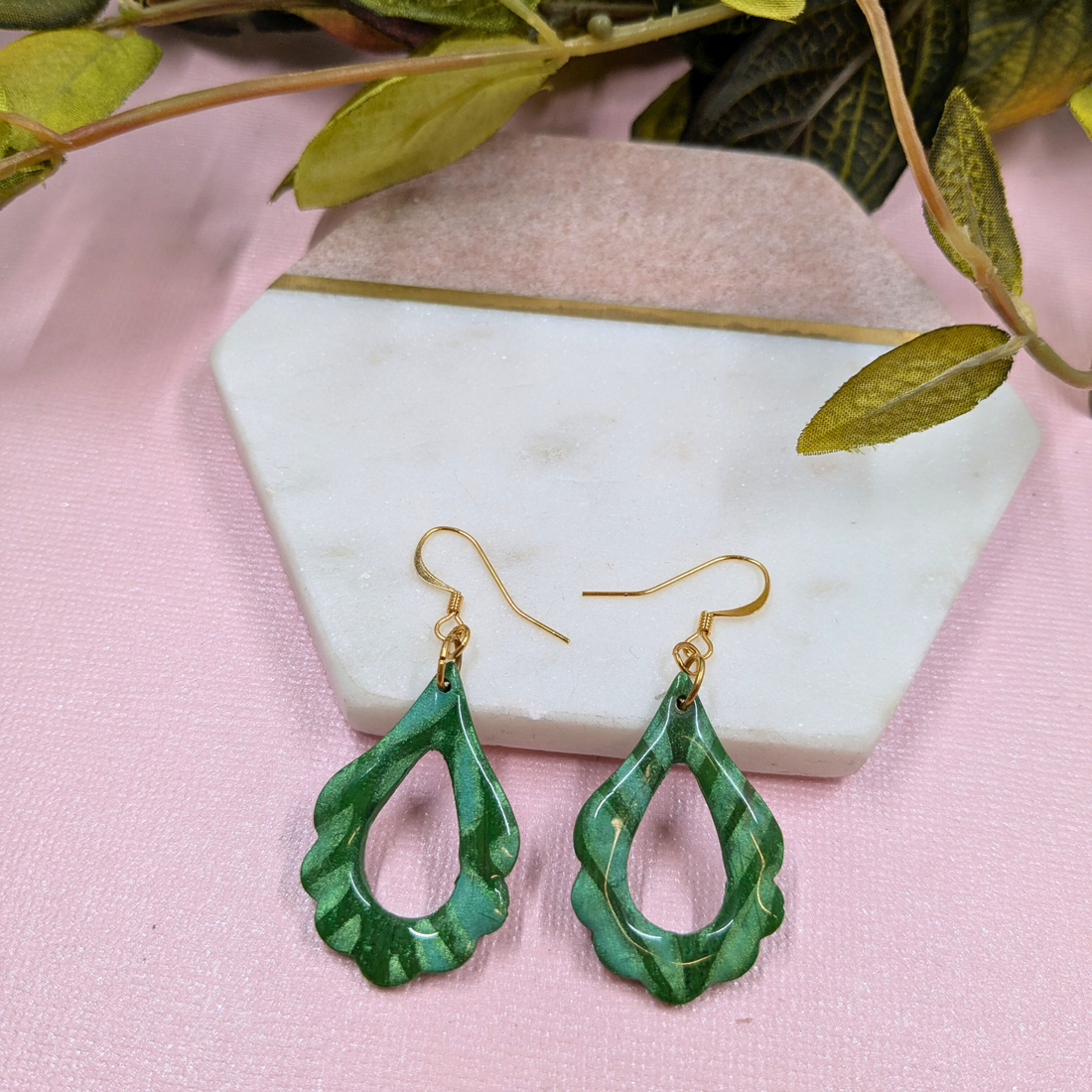 Handmade 'Angeline' green leaf pattern flower petal polymer clay hook dangle earrings by Created By Lau — sustainable slow fashion jewellery made in Shipley, West Yorkshire