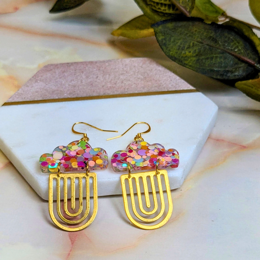 Handmade 'Alma' cloud dot glitter resin dangle earrings with brass rainbow charm by Created By Lau — bold statement earrings for modern brides, made in Shipley, West Yorkshire