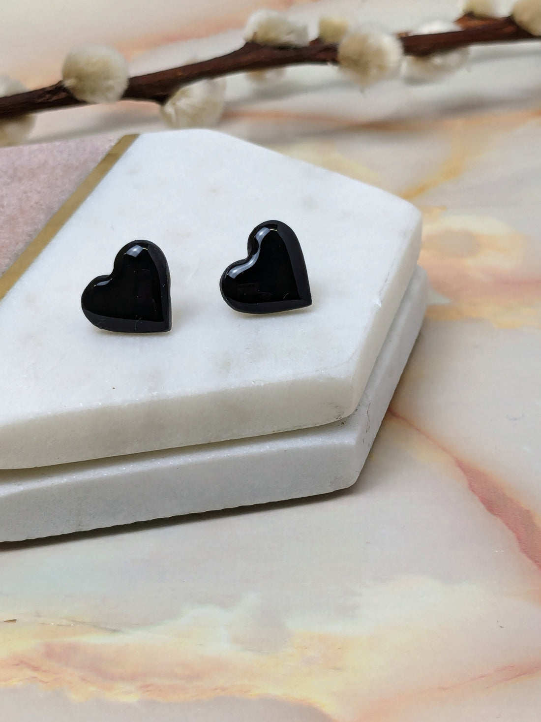 Amy Heart Stud Earrings – handmade black polymer clay heart studs by Created By Lau, perfect Valentine's gift