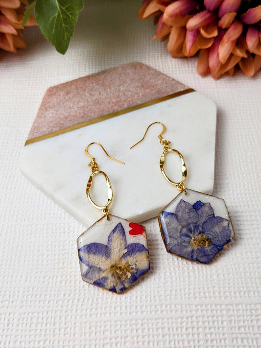 Camellia Real Flower and Polymer Clay Hex Dangle Earrings by Created By Lau — an example of mixed materials combining botanicals and clay