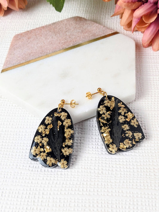 Handmade 'Esther' Japanese sambuca real flowers with gold leaf wavy dangle resin earrings by Created By Lau — luxury mixed media jewellery made in Shipley, West Yorkshire