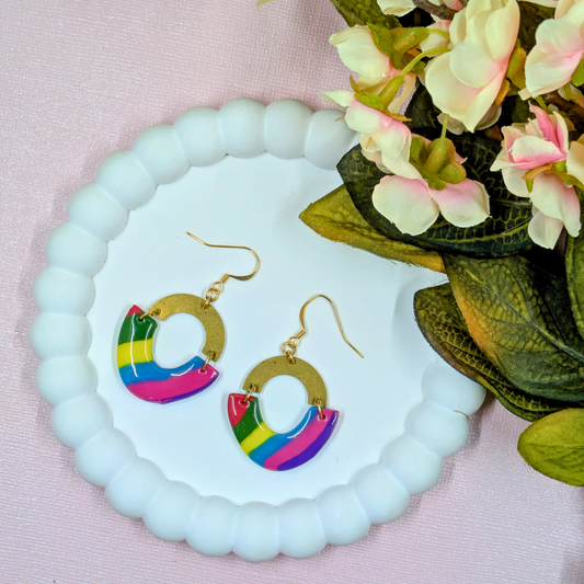 Handmade 'Ines' rainbow arch polymer clay earrings with brass arch charm by Created By Lau — bold anchor piece jewellery made in Shipley, West Yorkshire